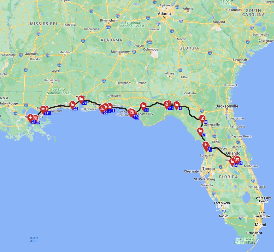 Plan an RV trip USA from Orlando to New Orleans with a motorhome